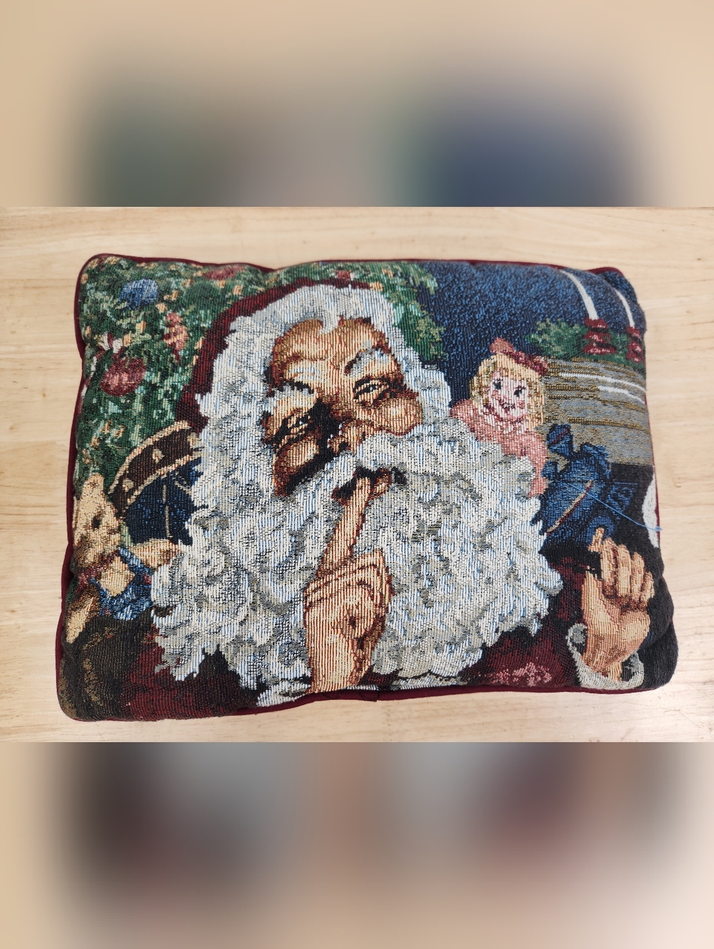 Jolly Santa Needle-point Pillow Christmas Holiday 15"x11" Burgundy Tapestry
